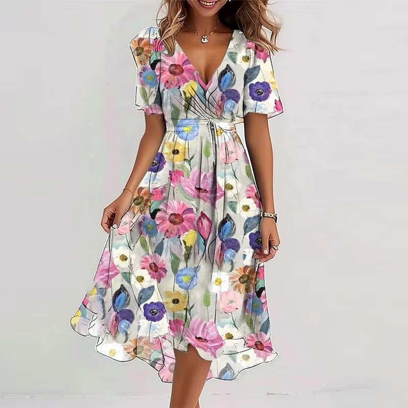 Robe Été Décontractée À Encolure V Imprimé Floral Ample Pour Femme Manches Courtes Confortable Et Respirante