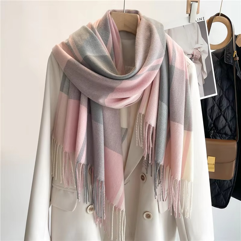 Écharpe Plaid Cachemire Pour Femme Hiver Chaude Foulard Pashmina Avec Franges