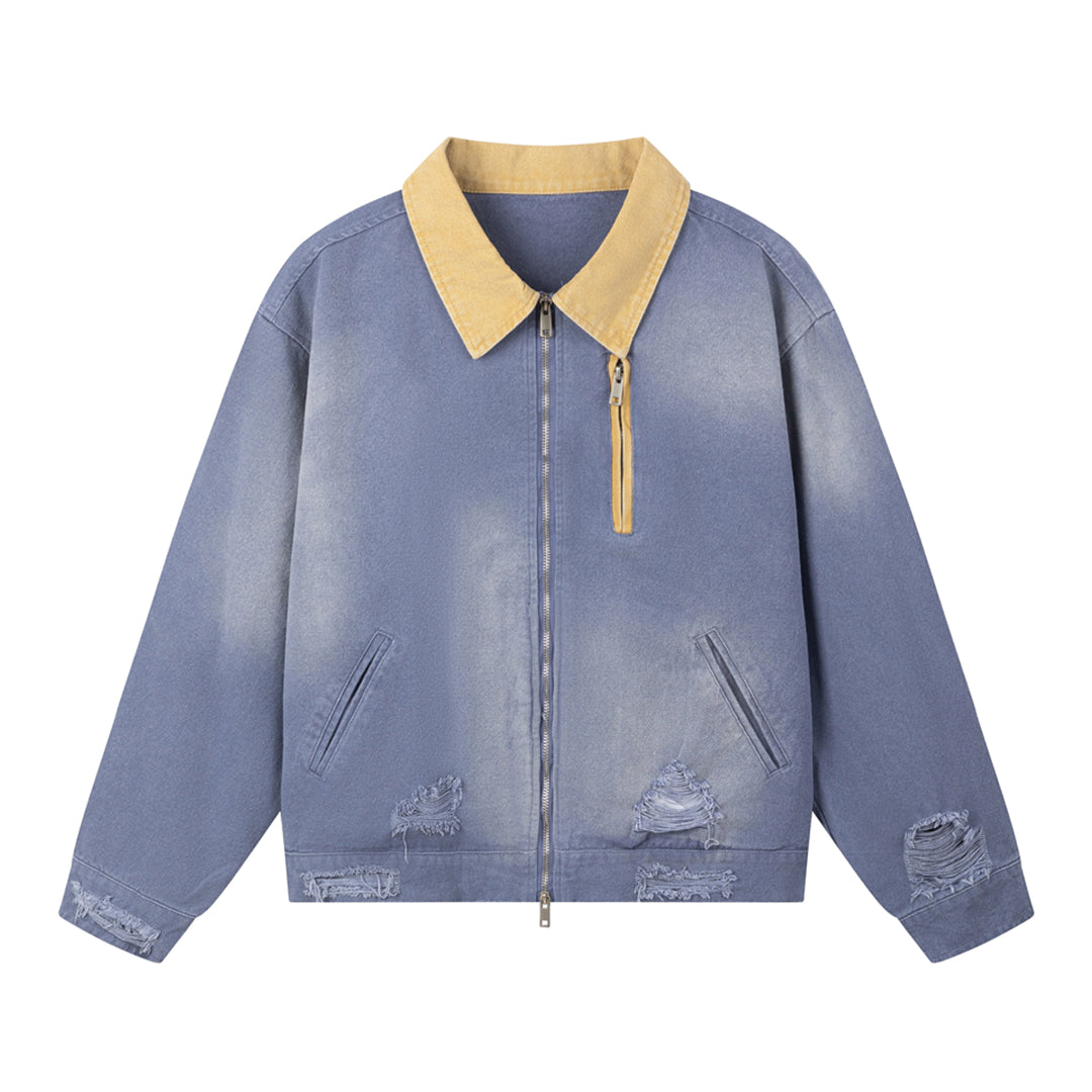 Veste Denim Décoloré Sun Faded Inspirée Vintage Col Revers Ample Poches Latérales Et Poche Poitrine Zippée En Coton