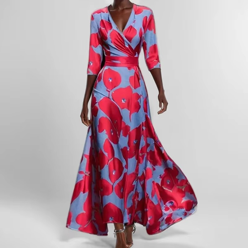 Robe Longue Imprimée À Plis Avec Encolure V Élégante Pour Femme Moderne Idéale Pour Sorties