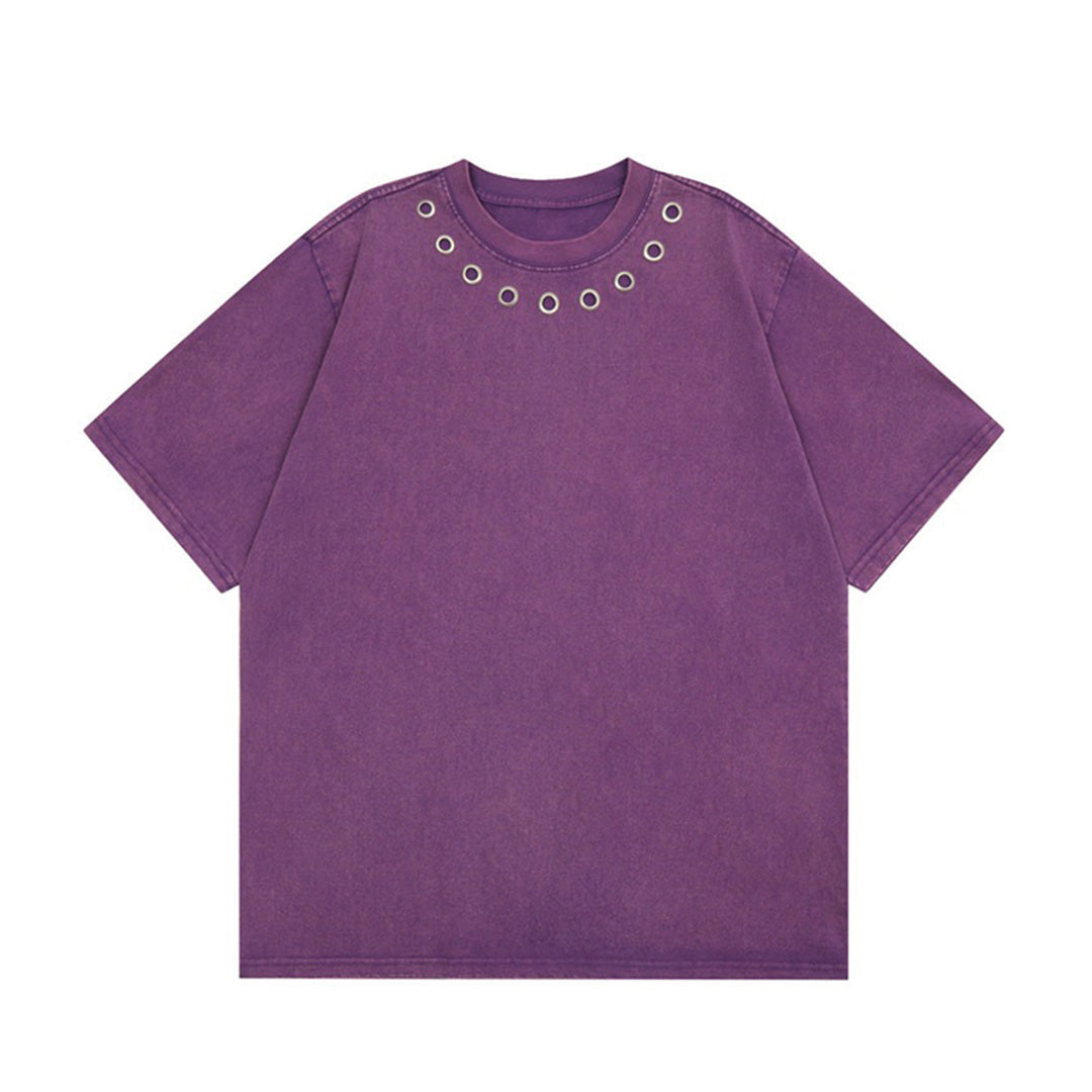 Tee Métal Déformé en Coton Lourd Lavage Noir Vieilli Oversize Œillets Métalliques au Col Streetwear Grunge