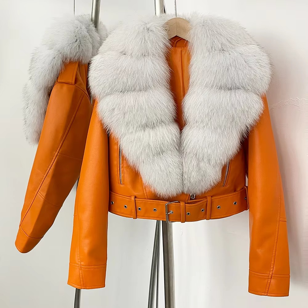 Manteau Femme en Cuir Synthétique avec Col en Fourrure Fausse Élégante Chaleur pour la Saison Froide