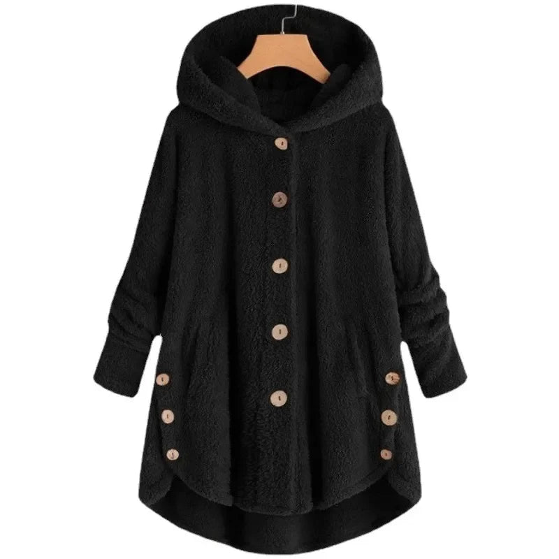 Veste Polaire Pour Femmes Coupe Décontractée Capuche Devant Boutons Texture Peluche Poches