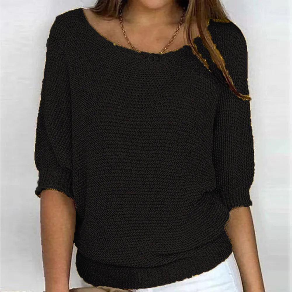 Pull Femme En Maille Décontracté Col Rond Manches Trois Quarts Doux Et Confortable Pour Tous Les Jours