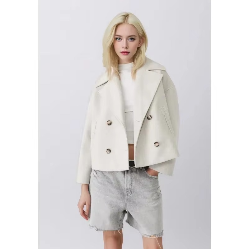 Manteau Court Automne En Laine Mélangée Pour Femme Avec Boutonnage Double Devant Et Col Revers