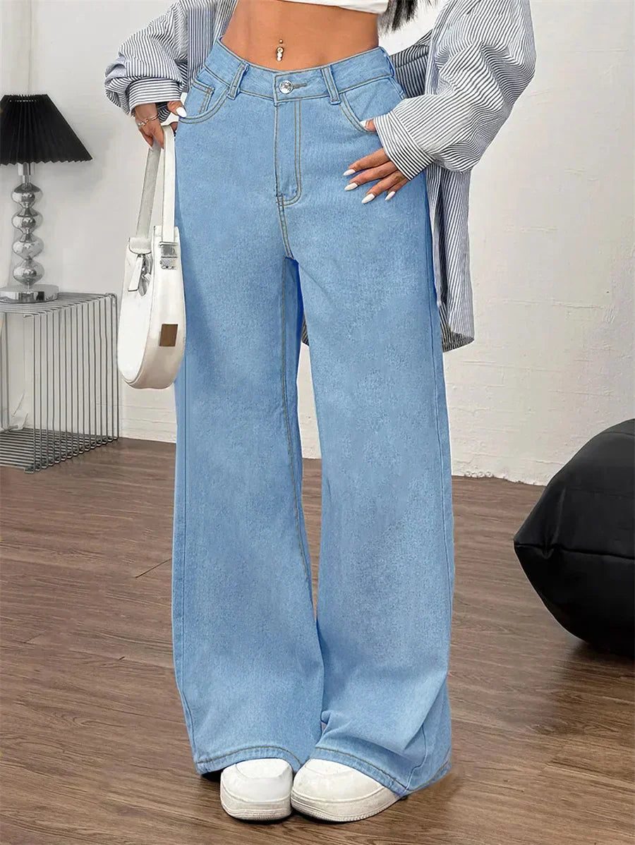 Jean Femme Taille Haute Jambe Large Confortable Style Denim Classique Pour Quotidien