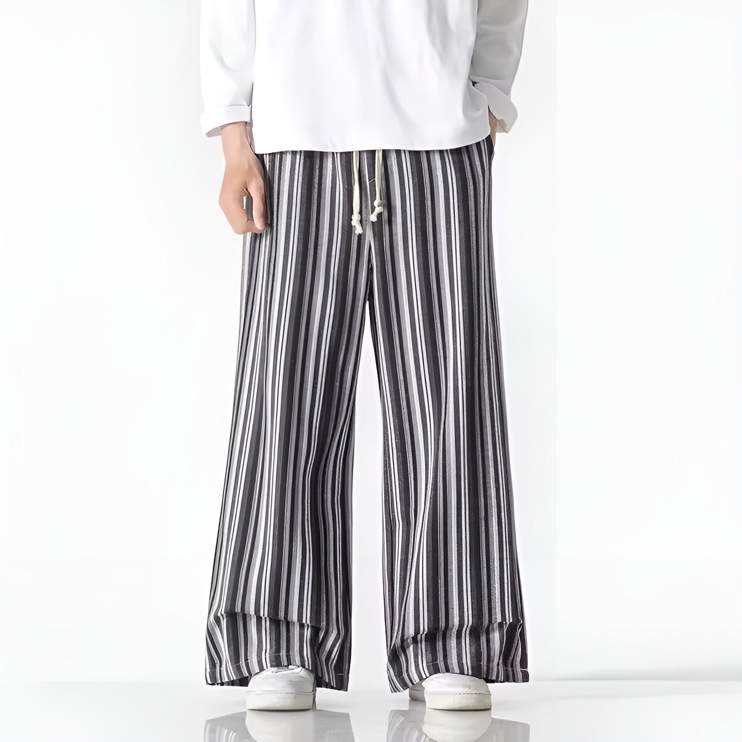 Pantalon Osaka En Coton Coupe Large Ample Rayures Alternées Avec Taille Élastique