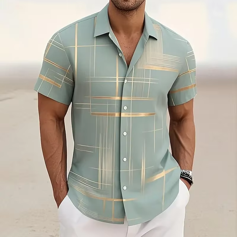 Chemise Homme Manches Courtes À Carreaux Géométriques 3D Boutonnée Pour Style Décontracté Moderne Amawinc