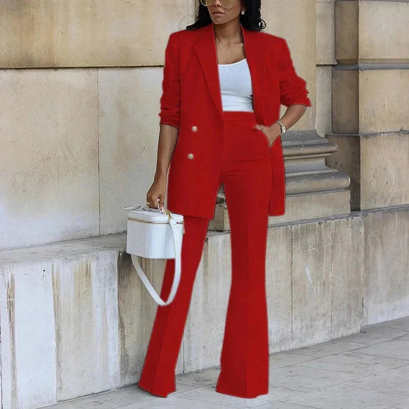 Ensemble Tailleur Long À Double Boutonnage Et Pantalon Évasé Pour Femme Style Bureau Élégant