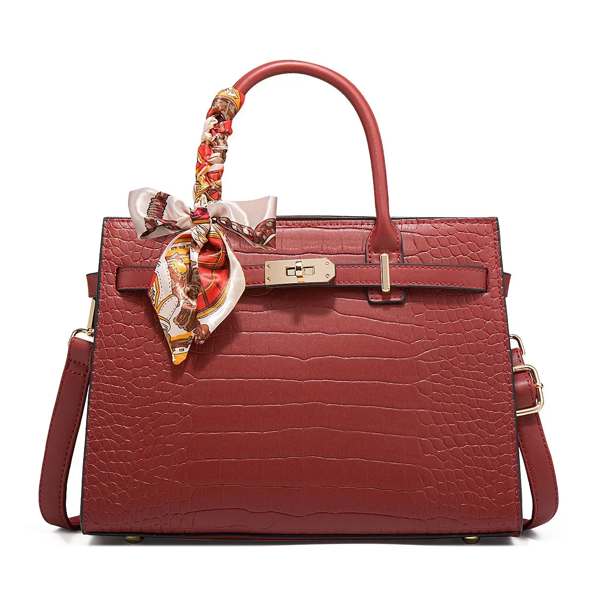 Sac À Main Midi Structuré Vegan Cuir Crocodile Guiliana Davoli Avec Foulard Et Boucle Dorée