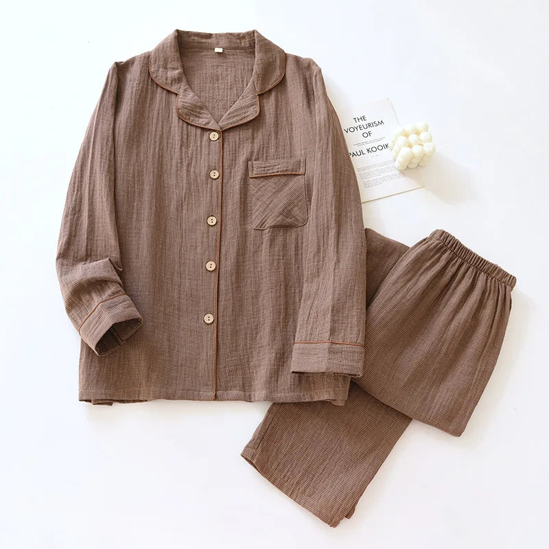 Pyjama Deux Pièces Ora En Mousseline De Coton Doux Oversize Manches Longues Et Jambes Longues Motif Carreaux Subtil Chaud