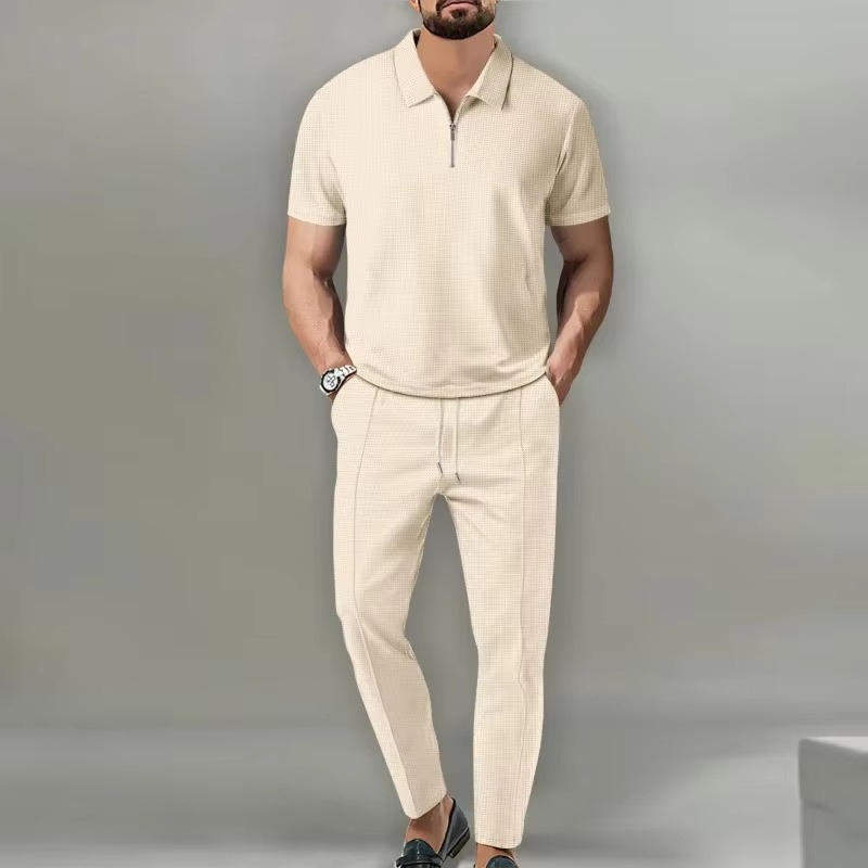 Ensemble Homme 2 Pièces Col Gaufre Uni Manches Courtes Polo Zip et Pantalon à Cordon