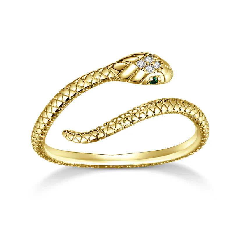 Bague Serpent Argent 925 Plaquee Platine Avec Oeil Zircone Verte Ajustable Elegante Et Puissante