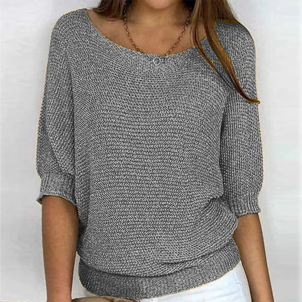 Pull Femme En Maille Décontracté Col Rond Manches Trois Quarts Doux Et Confortable Pour Tous Les Jours