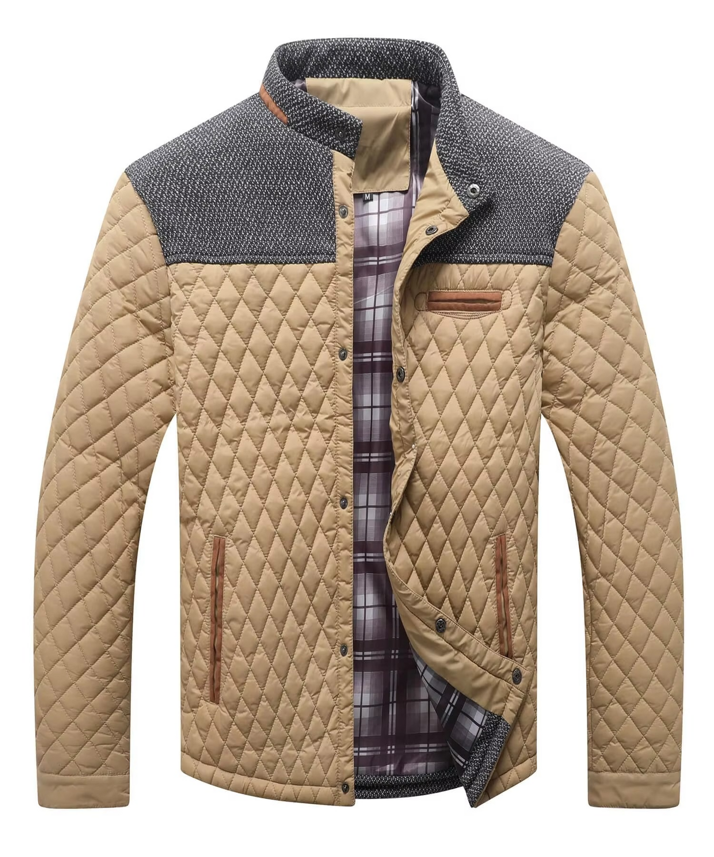 Amawinc Veste Bomber Matelassée Légère À Motif Diamant Avec Empiècement Gris Contrasté Et Poches Pour Hommes