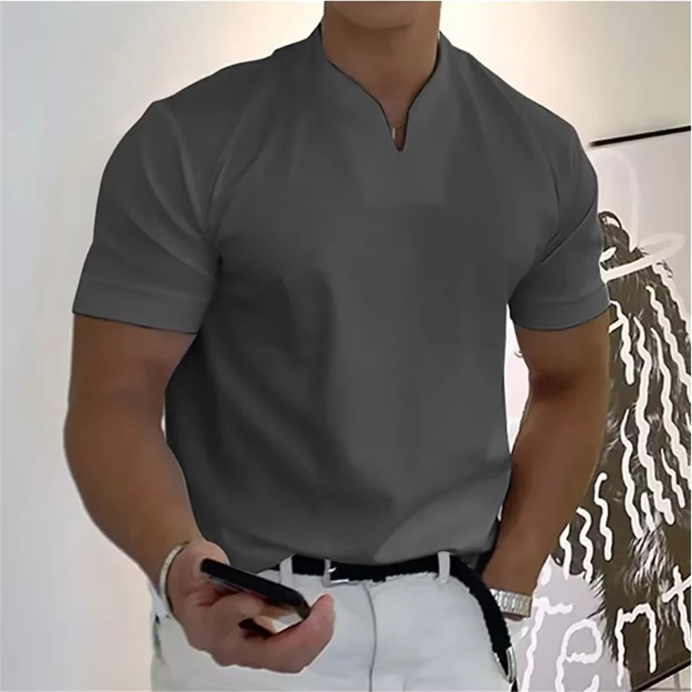 T Shirt Homme Été Col V Manches Courtes Coton Élastique Respirant Athlétique Décontracté