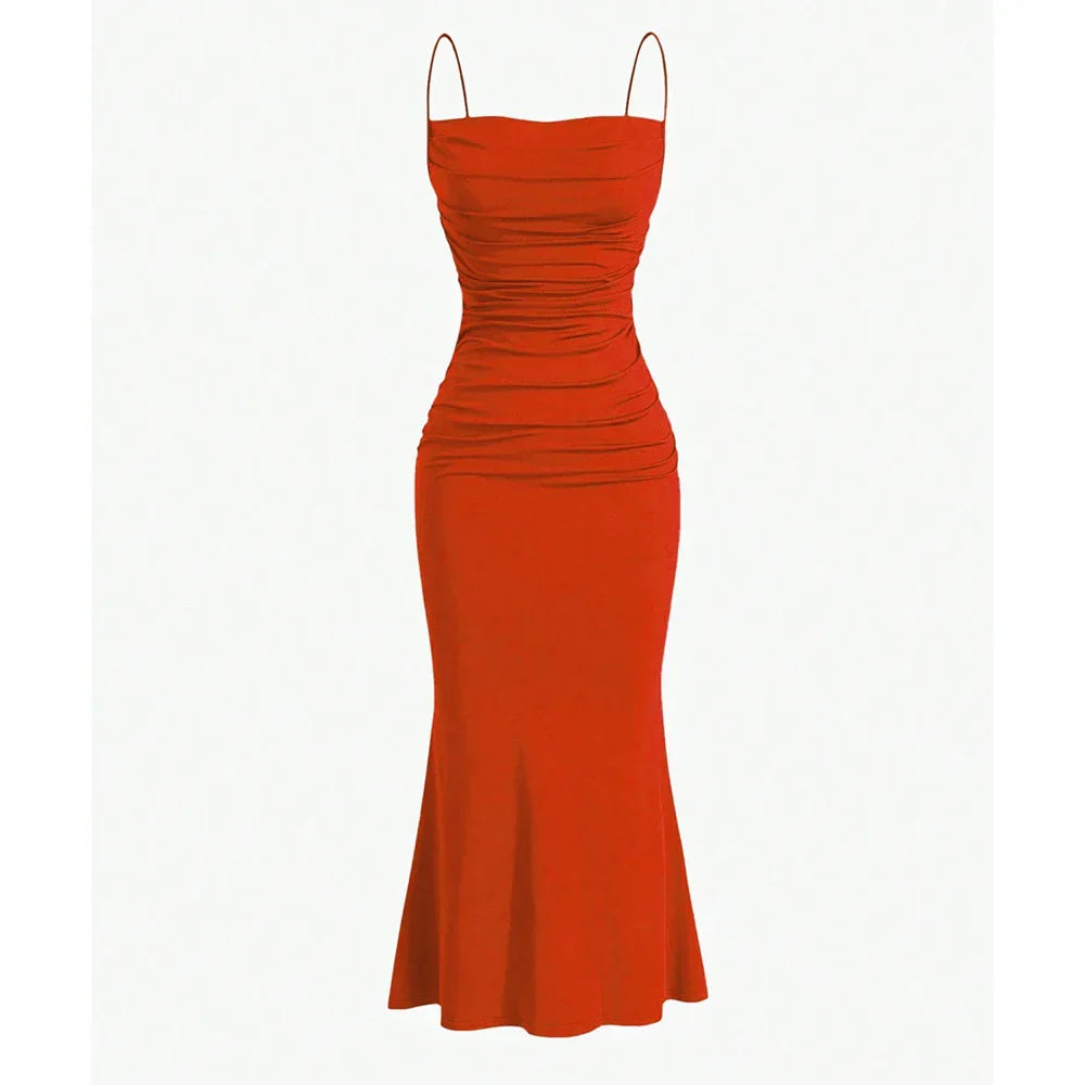 Robe Maxi Drapée Anna Amawinc Élégance Estivale Avec Bretelles Spaghetti Coupe Fluide Et Polyvalente