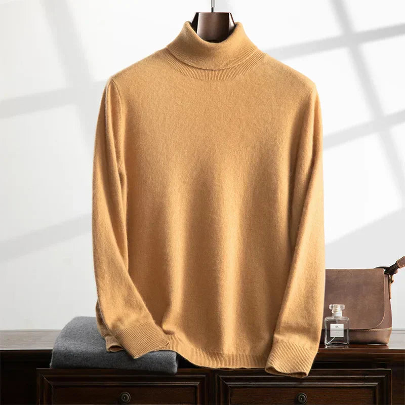 Pull Homme Col Roulé En Laine Mélangée Douce Proche Cachemire Texture Tricot Décontracté Bords Côtés