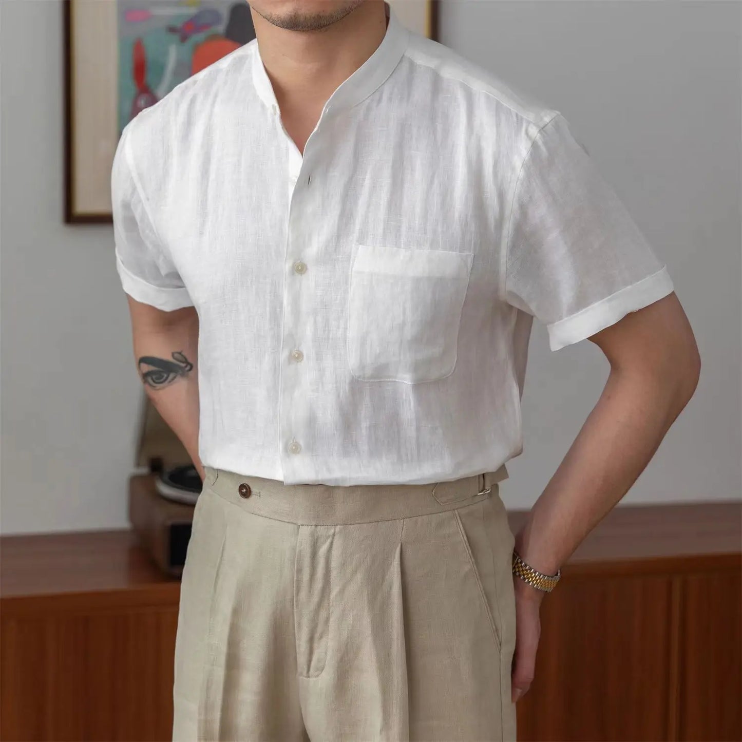 Chemise Homme En Lin Col Mandarin Coupe Décontractée Manches Longues Boutons Amawinc