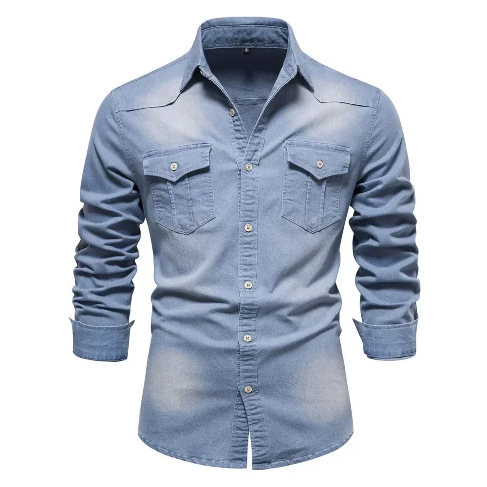 Chemise Homme Denim Bleu Clair À Boutons Hunter Par Amawinc Pour Style Décontracté Sophistiqué Quotidien