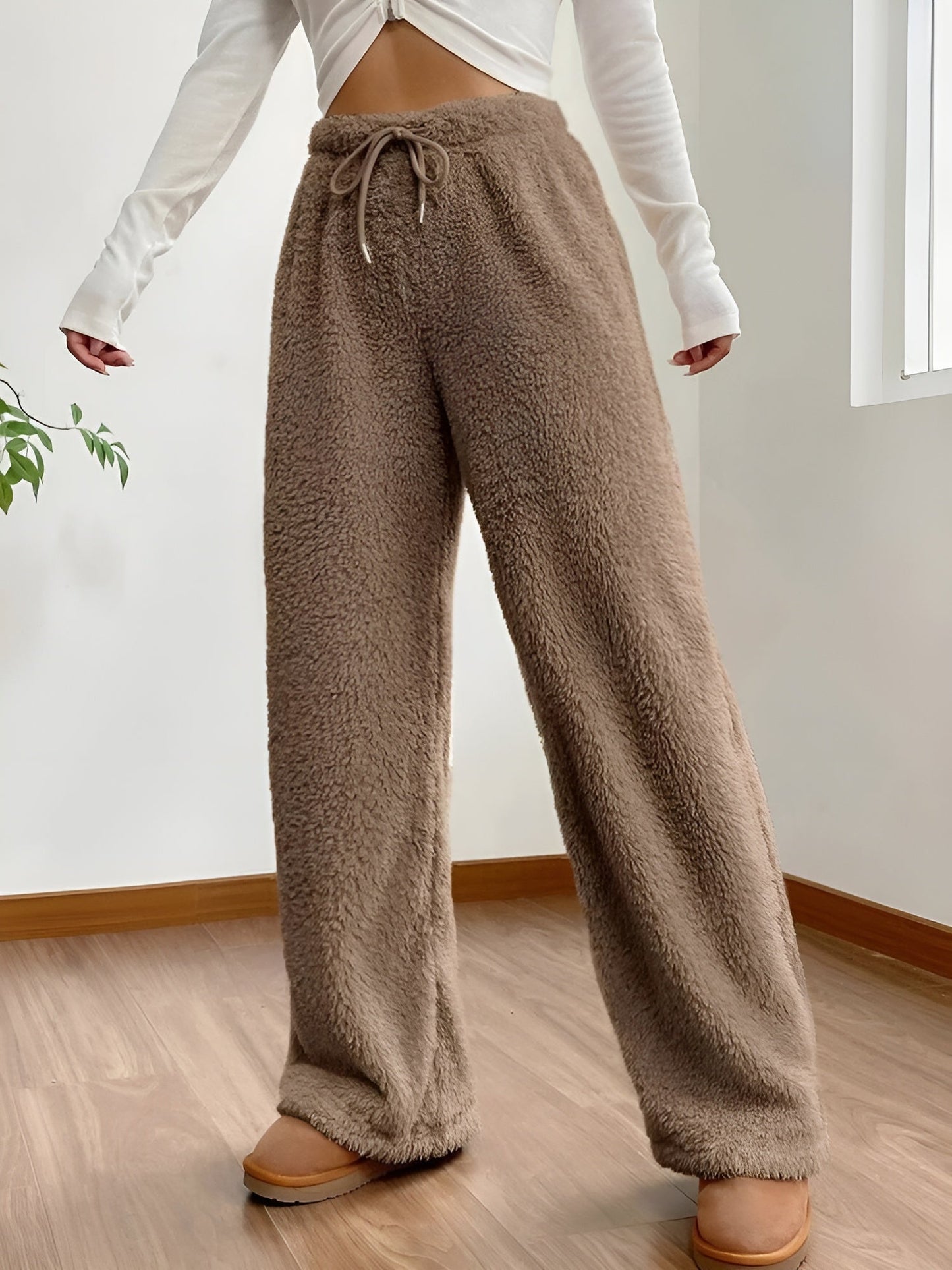 Pantalon Molleton Sherpa À Taille Haute Cintré Et Coupe Large Pour Détente Et Courses Décontractées