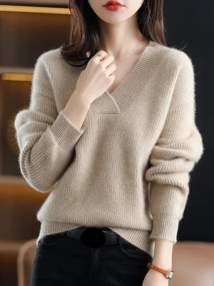 Pull Femme En Maille Douce Col V Décontracté Bordures Côtelées Nordisk Flair Confort