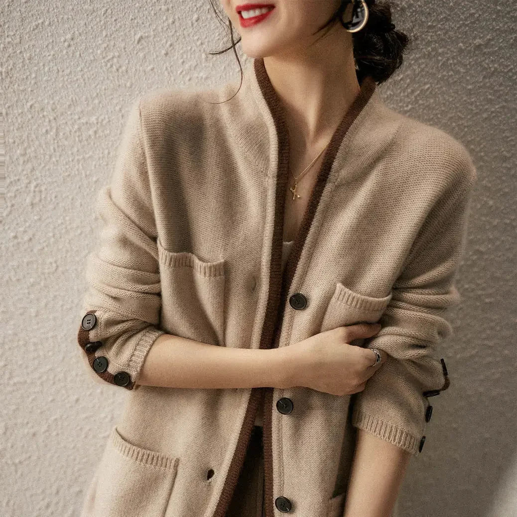 Cardigan En Maille Douce Hailey À Deux Tons Marron Drapé Et Ample Poignets Boutonnés