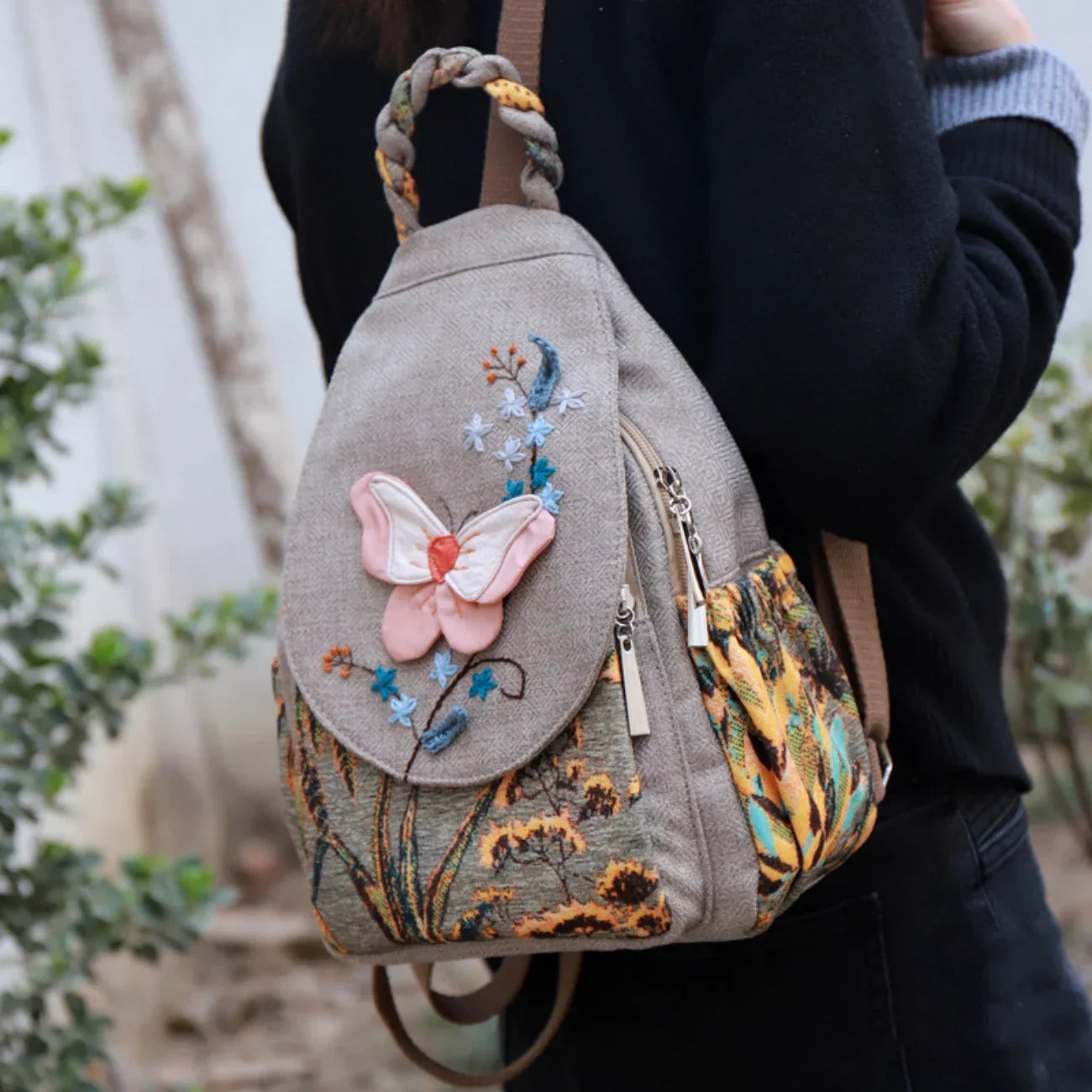 Amawinc Sac Mariposa Petal Tissé À La Main Avec Papillon Brodé Et Poches Multiples