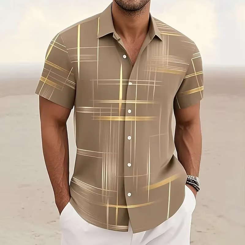 Chemise Homme Manches Courtes À Carreaux Géométriques 3D Boutonnée Pour Style Décontracté Moderne Amawinc