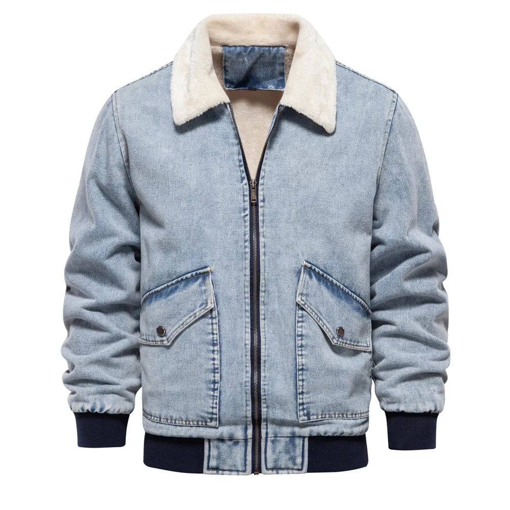 Veste Aviateur En Denim Vintage Avec Doublure Sherpa Jusqu’au Col, Coupe Slim, Ourlets Côtés Fermeture Éclair
