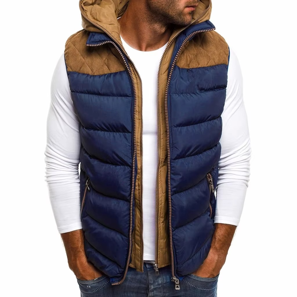 Veste Sans Manches Matelassée D'Hiver À Capuche Pour Homme Avec Broderie Et Fermeture Éclair Chaude