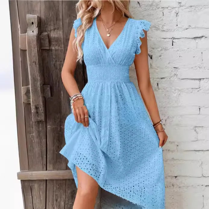 Amawinc Lily Robe d'Été à Encolure V Confortable et Légère Détail Ajouré Élégant Décontractée