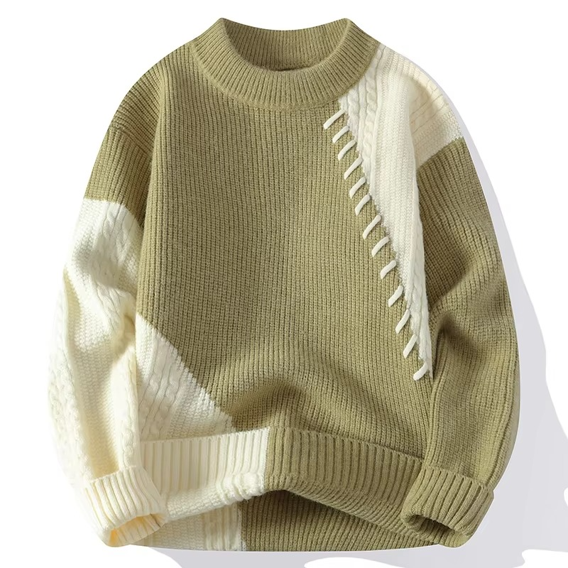 Pull Patchwork Tricot Pour Homme Col Rond Automne Hiver Décontracté Confortable Chaud Et Stylé