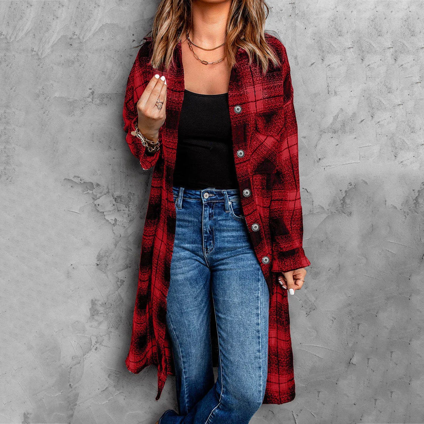 Manteau Longline Edith Carreaux En Flanelle Léger Confortable Fermeture Boutonnée Manches Raglan Poches Poitrine