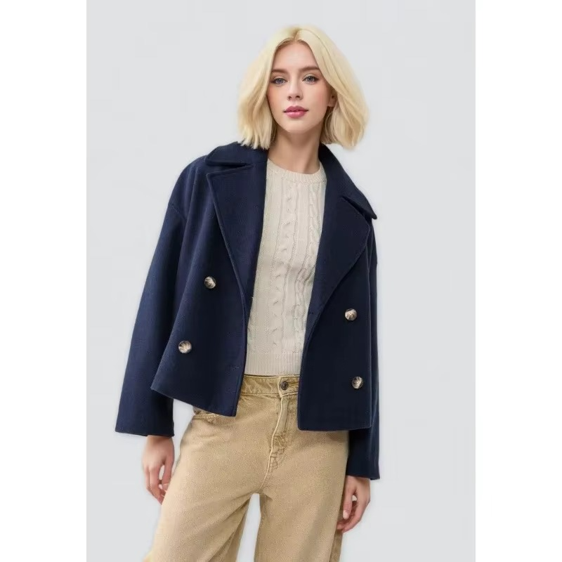 Manteau Court Automne En Laine Mélangée Pour Femme Avec Boutonnage Double Devant Et Col Revers
