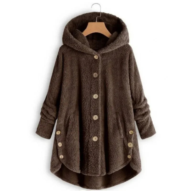 Veste Polaire Pour Femmes Coupe Décontractée Capuche Devant Boutons Texture Peluche Poches