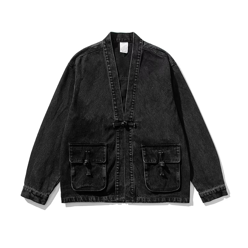Amawinc Veste Kimono Denim Vintage Pour Homme Avec Poches Frontales Style Chinois Bouton Jeans Streetwear