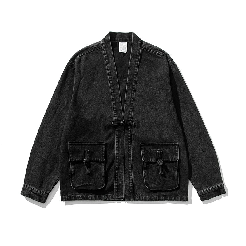 Kimono Denim Vintage Lavé Oversize Col En V Poches Utilitaires Mélange Coton Polyester