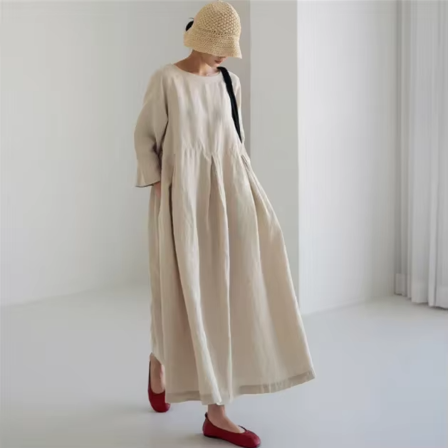 Robe Maxi Grande Taille En Coton Lin Pour Femme Col Rond Décontractée Pull Over Printemps Été 2024