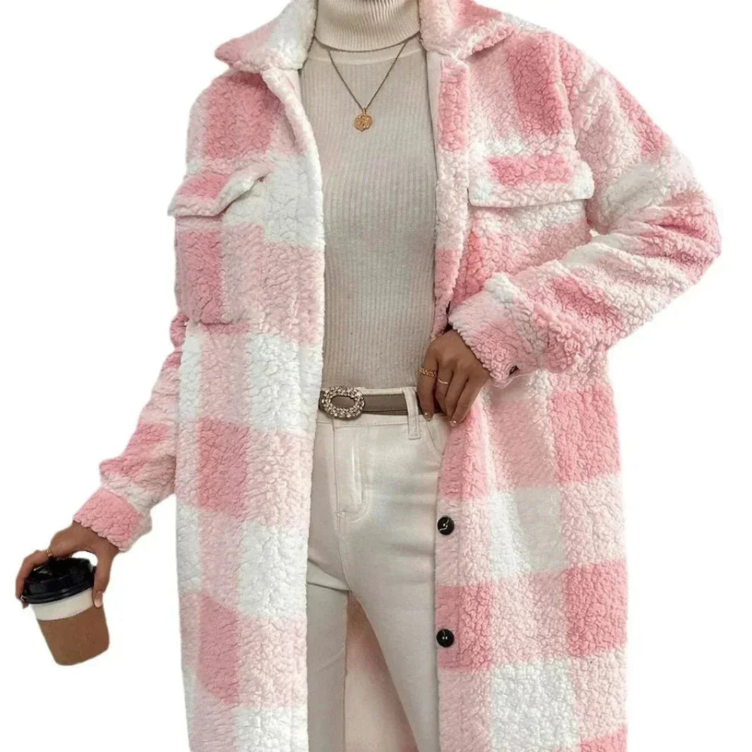 Manteau Trench Longline À Carreaux Avec Fourrure Synthétique Revers Ouvert Coupe Décontractée Chaud Pour Couches