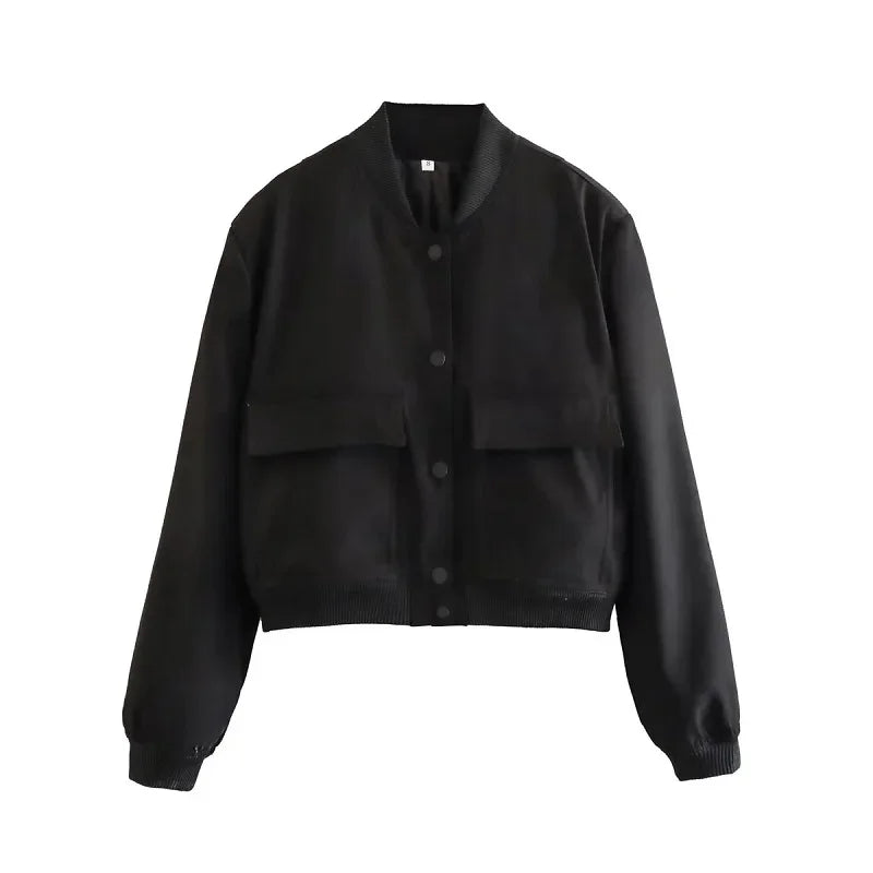 Avelena Damen Bomberjacke Weiß Herbst Winter Kurzjacke mit Knöpfen Langarm