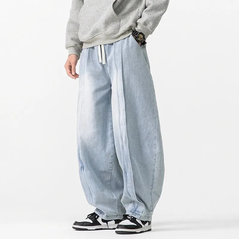 Amawinc Jeans Japonais Oversized Coupe Dramatique Des Années 90 Baggy Plis Coutures Frontales Taille Cordon Reglable