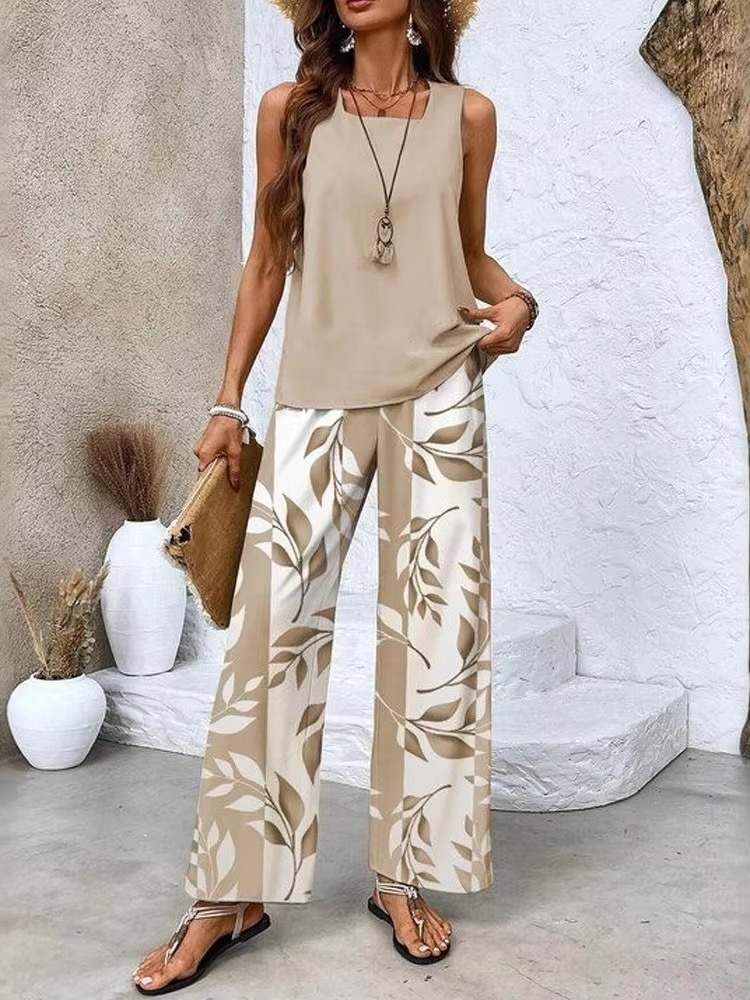 Ensemble Deux Pièces Femme Veste À Col Carré Imprimé Numérique Et Pantalon Long Confortable Pour Femmes