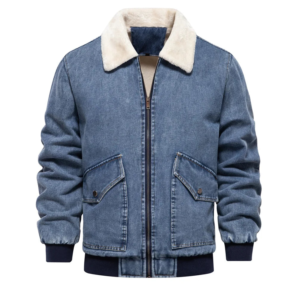 Veste Aviateur En Denim Vintage Avec Doublure Sherpa Jusqu’au Col, Coupe Slim, Ourlets Côtés Fermeture Éclair