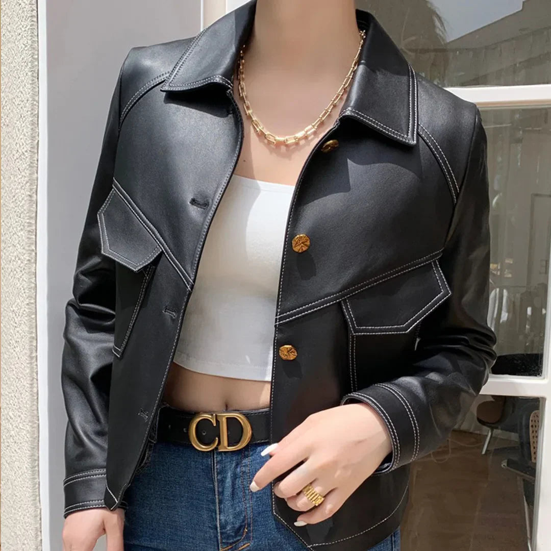 Veste Moto Dax En Cuir Végan Avec Col Revers Et Couture Contrastée Vintage Coupe Slim Courte