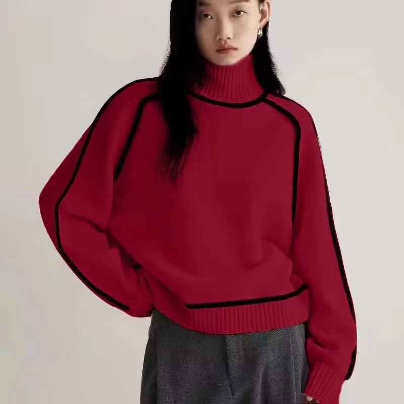Pull Col Roulé À Rayures Femme Tricot Décontractée Manche Longue Chaud Et Élégant