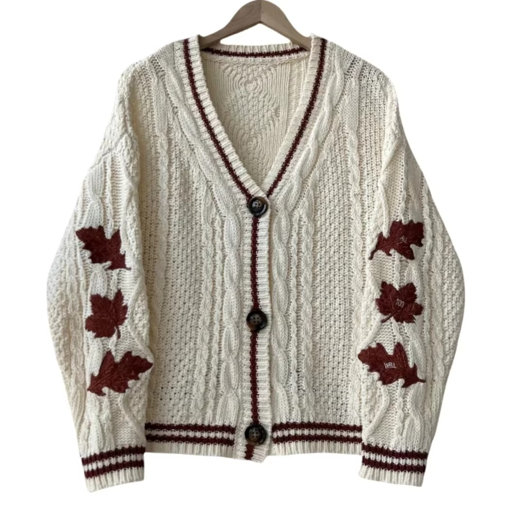Amawinc Cardigan En Maille Automne Rouge Avec Broderie Feuille Érable Pour Femmes Modernes Confortables Et Élégantes