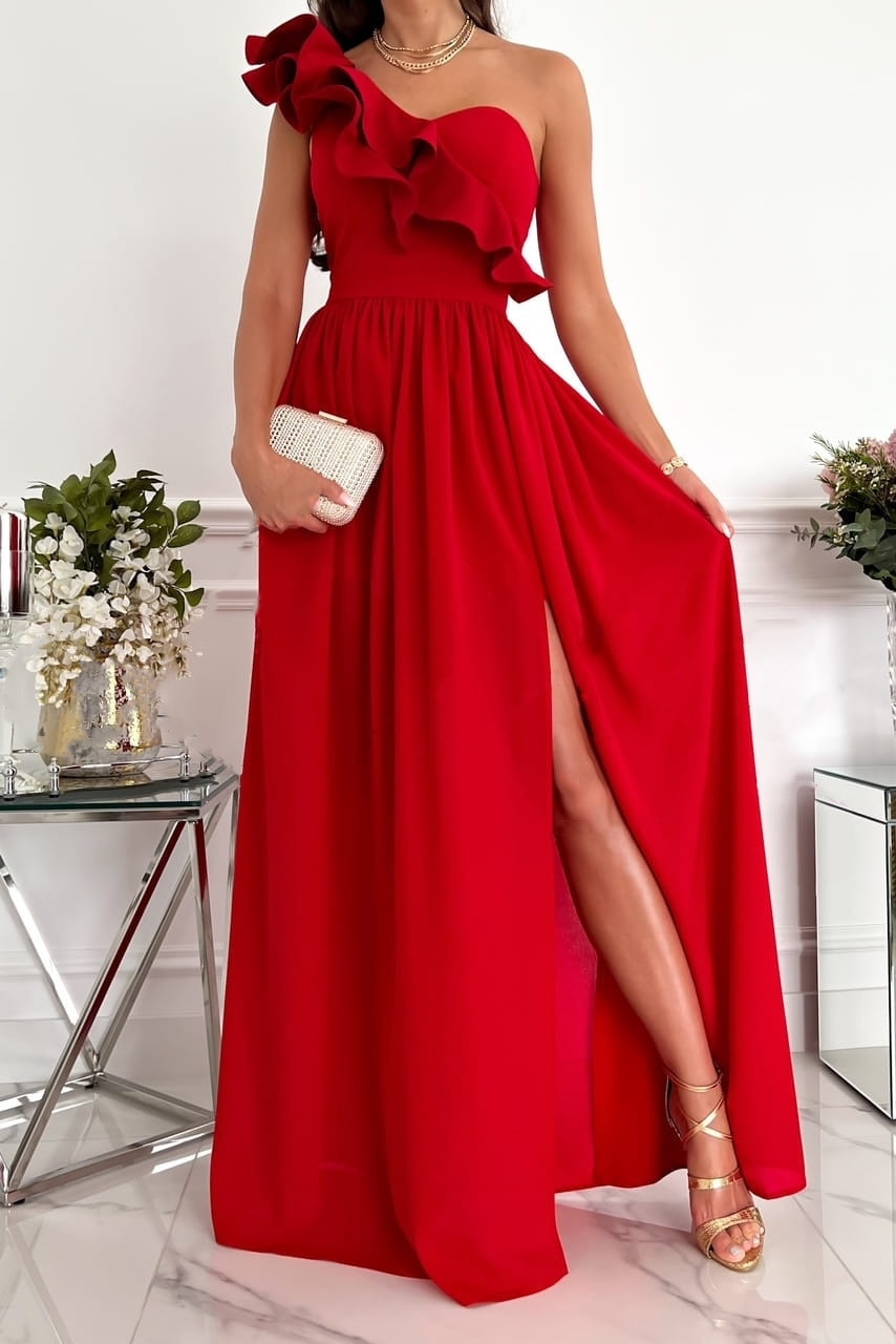 Robe De Soirée À Une Épaule Froncée Corsage Avec Fente Haute Et Coupe Élégante Amawinc Nordic Flair