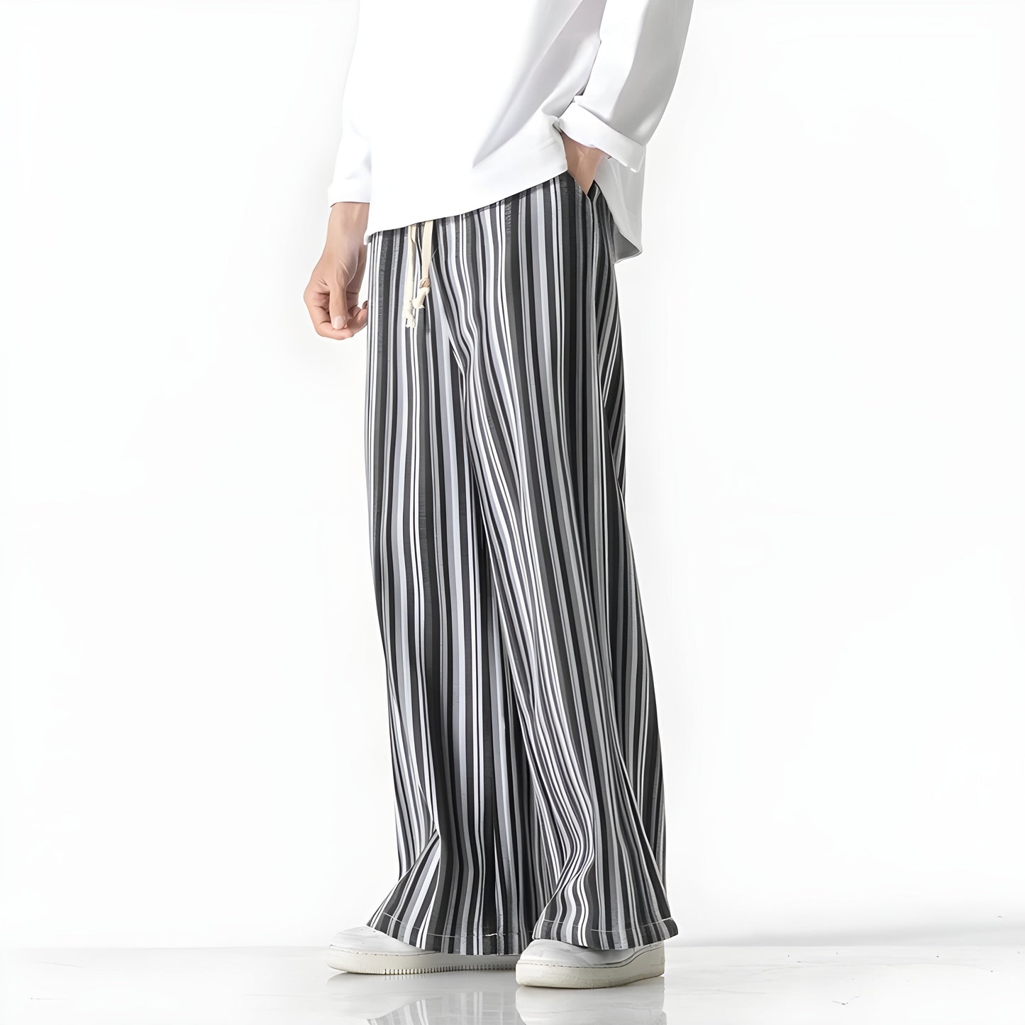 Pantalon Osaka En Coton Coupe Large Ample Rayures Alternées Avec Taille Élastique