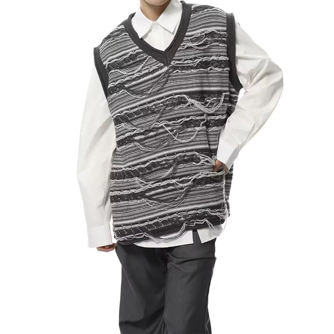 Gilet Tricot Violet Frangé Sans Manches Détails Usés Col V Inspiré Vestiaire Masculin Style Coachella